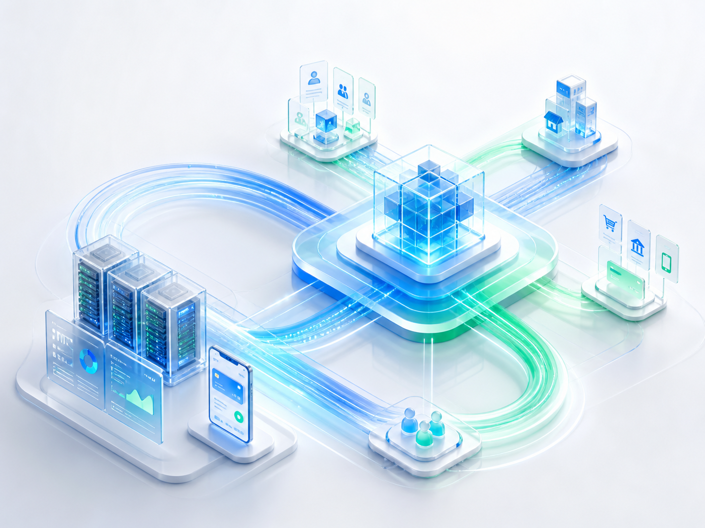 Premium enterprise ecosystem illustration with data center, API hub, payment channels, and digital network flows