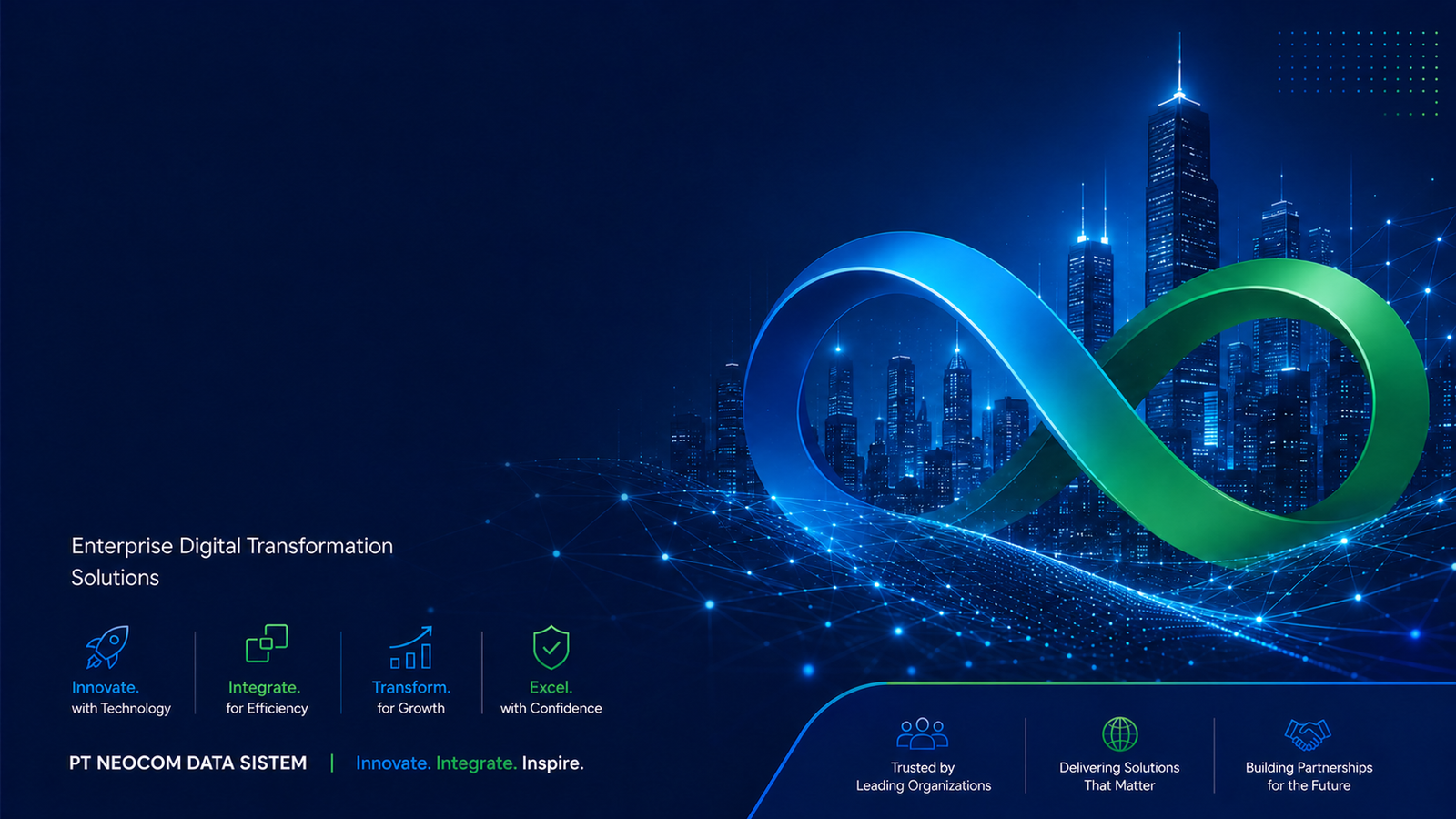 Enterprise digital transformation banner with Neocom infinity visual and retained bottom messaging